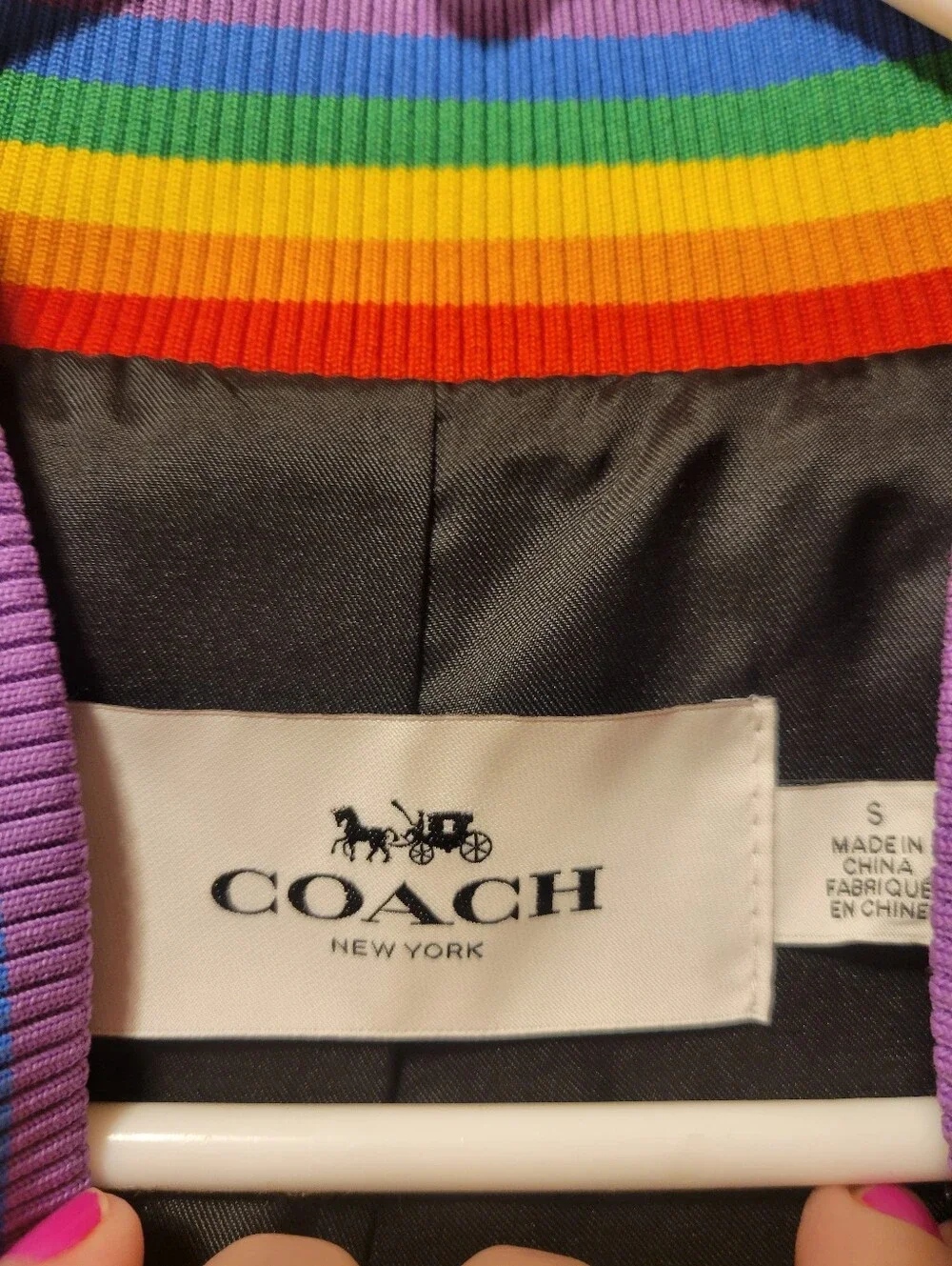 Coach Pink Satin Varsity Jacket with Cream Sleeves and Rainbow Trim